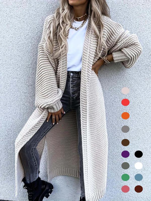 Women's Essential Solid Split Hem Bishop Sleeve Open Front Longline Cardigan Fitted, Long Sleeve Knitwear for Lady Fall & Winter, Knit Fabric Clothing for Casual Daily Wear, Knitting, Womenswear
