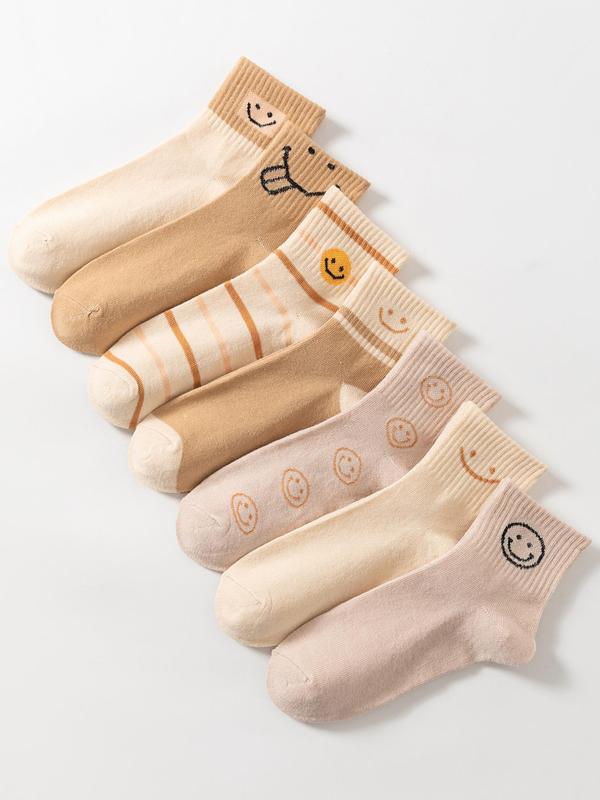 Women's Cartoon Smile Face Print Crew Socks Womenswear Sock Set, Cute Comfy Breathable Socks for All Seasons, Mid-calf Socks for Daily Wear