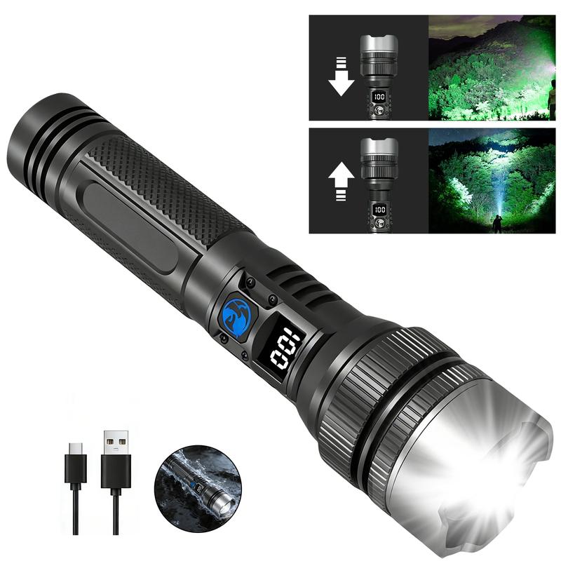 2-in-1 Strong Flashlight (Power Bank), Digital display ofpower, Rechargeable, Zoomable,, X4Waterproof,Adjustable Brightness Flash Light for Outdoor, Emergency,Camping Accessories, Black Fathersdaygift outdoorfun