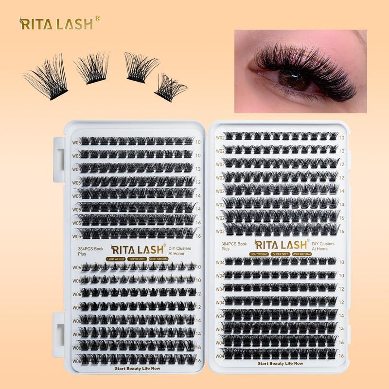RITALASH 384PCS 4 style Cluster Lashes book Individual Lashes Clusters Eyelash Extensions False Eyelashes DIY False Lash Extension Kit Reusable False Eyelashes Natural Look Mix 10-16mm Fake Eyelashes Clusters