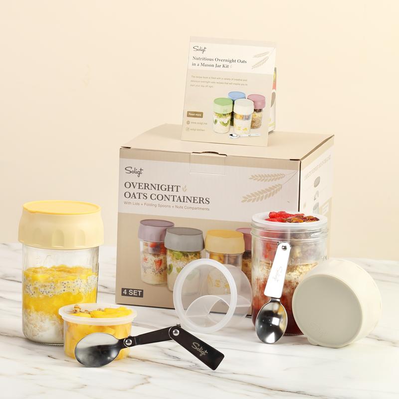 Soligt 16oz Overnight Oats Containers with Lids Folding Spoons & Divided Compartments for Fruit Nuts Small Glass Mason Jars for Oatmeal Yogurt Parfait Portable Kitchen Utensils Food Storage Organizer Airtight Leakproof Reusable #DealsForYouDays