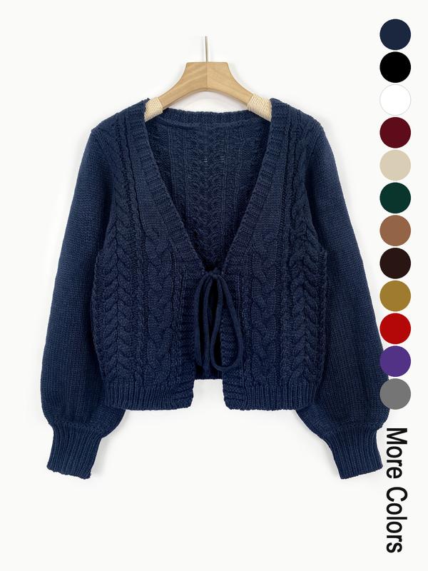 Women's Solid Loose Drop Shoulder Long Sleeve Cardigan, Lady Knitting Tops, Minimalist Casual Tie Front Knitwear With V Neck For Fall & Winter
