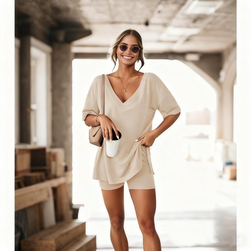 EKOUAER V-neck Two-Piece Pajama Set For Women Summer Casual Oversized Split Hem Shirts & Biker Shorts Minimalist Lounge Wear Soft Homewear Cozy Pjs Clothes Comfy