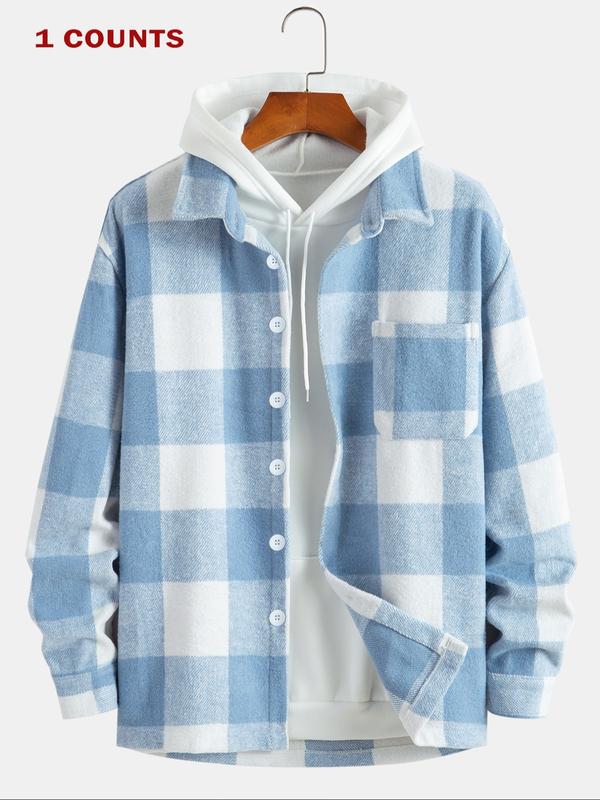 Men's Plaid Print Checked Button Front Jacket without Hoodie, Loose Casual Drop Shoulder Long Sleeve Collar Outerwear for Fall & Winter, Men's Clothes for Daily Wear