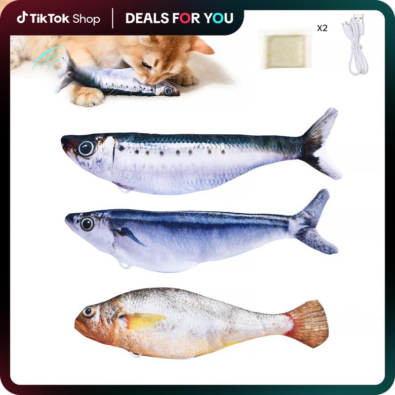 Petgravity 3-Pack Bitesized Realistic Flopping Fish Cat Toys - 7.1in Mini, Sardine/Saury/Yellow Croaker Shapes, Tap-Activated 3 Flapping Modes, Motion Sensor, USB Rechargeable, Interactive for All Cat Breeds