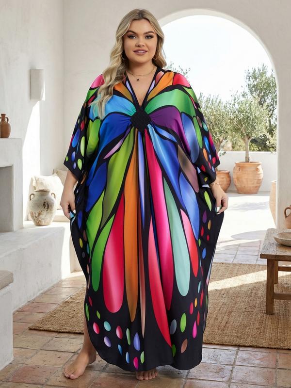 【Plus Size】 Butterfly/Feather Print Ruched Split Hem Tunic Dress, Elegant Batwing Sleeve V Neck Long Dress for Summer, Women's Clothes for Beach Holiday Vacation, Boho Casual Dress