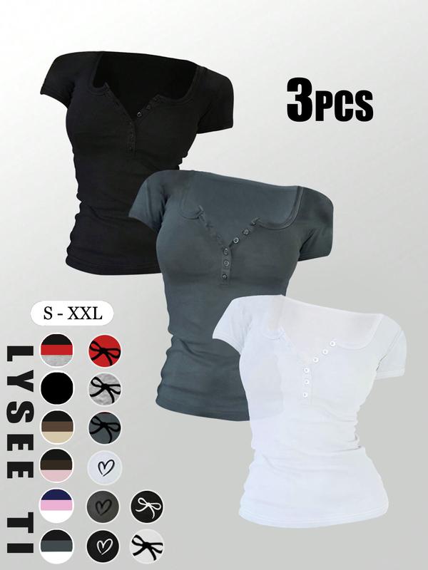3/5pcs Women's Casual Fashion Sporty Fitted Multi-Button Round-Neck Solid Color Short Sleeve Tops Mix & Match Multi-Pack