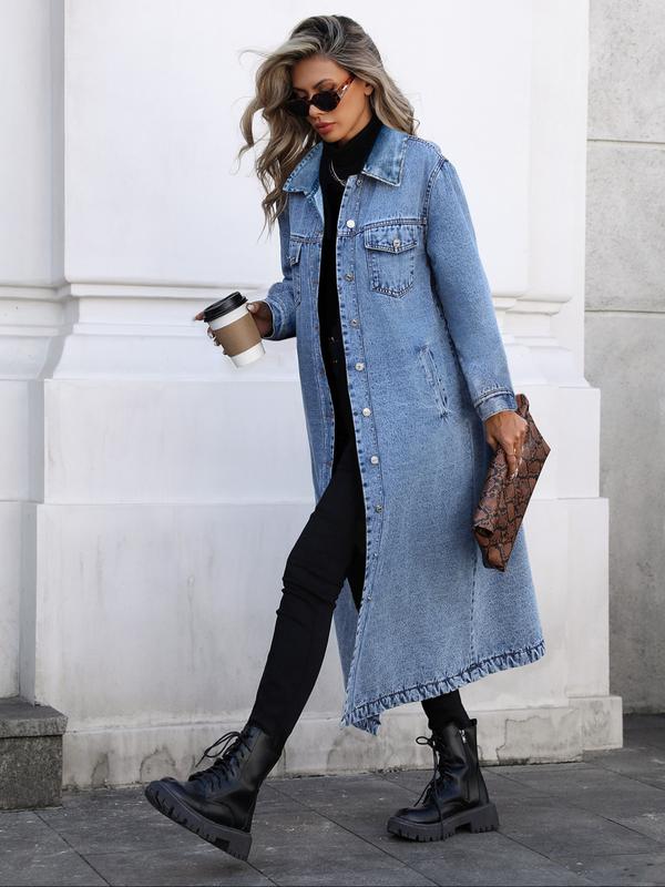 Women's Button Front Denim Coat, Elegant Casual Long Sleeve Outerwear for Spring & Fall, Women's Clothing for Daily Wear Jackets, Lady Womenswear
