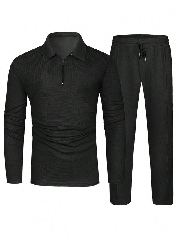 Men's Solid Plain Textured Long Sleeve Polo Shirt & Drawstring Waist Pants Set, Regular Fit Comfort Casual Zipper Top & Pocket Trousers, Men's Two-piece Outfit, Minimalist