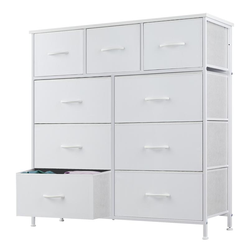 【New Color】Fabric Storage Tower with 9 Drawers, Bedroom Drawer Dresser Organizer, Chest of Drawers with Fabric Bins, Steel Frame and Wooden Tabletop