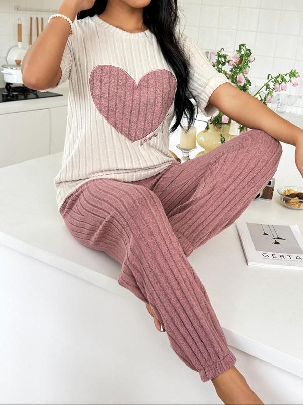 Women's Heart Print & Letter Embroidery Top & Elastic Waist Pants Pyjama Set, Round Neck Short Sleeve Tee & Ribbed Trousers Pj Set, Casual Comfy Sleepwear Set for Women, Pyjamas for Women, Loungewear, Pajamas