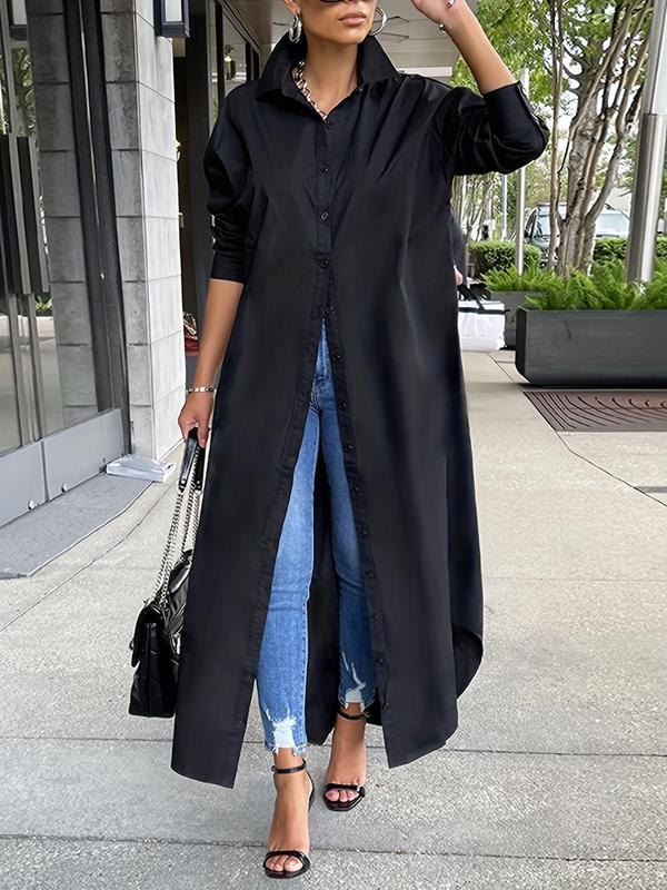 Women's Solid Collared Button Front Long Blouse, Casual Long Sleeve Button Up Shirt, Fashion Women's Spring & Fall Top For Daily Wear