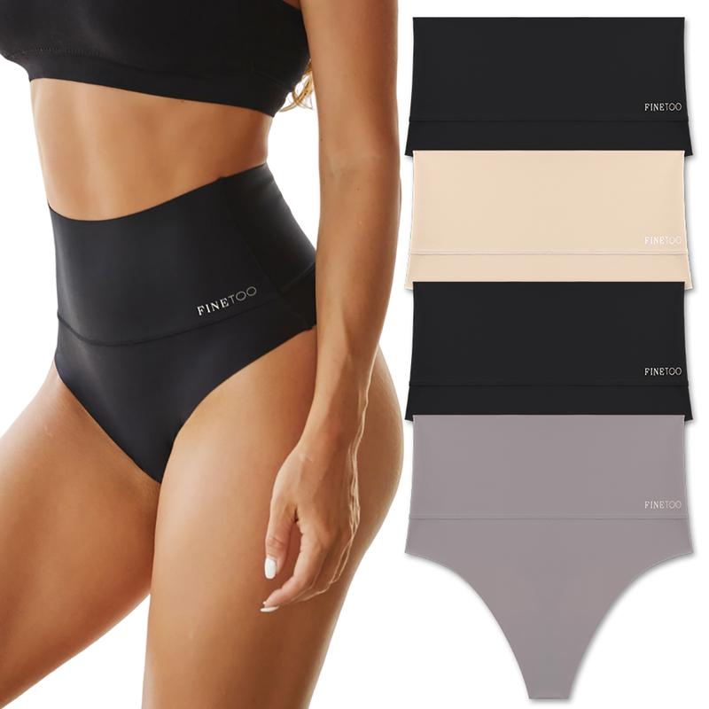 FINETOO Women High Waist Seamless Thongs Tummy Control Underwear Soft Stretchy Bikini Panties No show T-back S-3XL Comfy Womenswear 4pcs Springtok