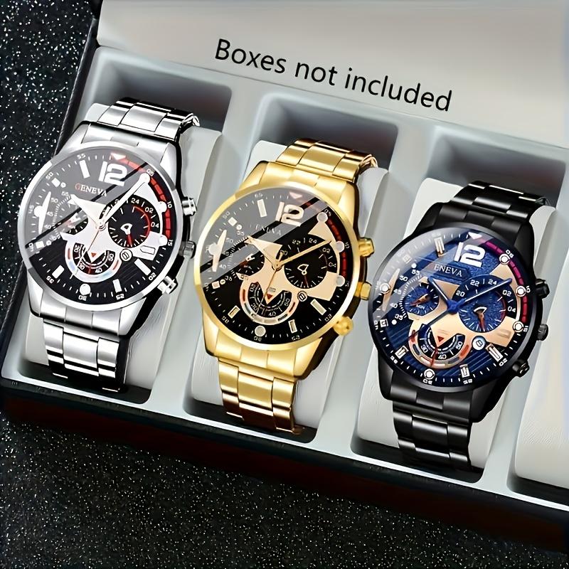 Jam Tangan Kuarza Fesyen Uniseks, Set 3pcs, Jalur Aloi, Dail Bulat, Kalis Kejutan, Paparan Analog, Bateri Butang, Diameter < 20mm, Aksen Hitam & Emas, Bergaya, Sesuai untuk Lelaki & Wanita. quartz  watch Necklace