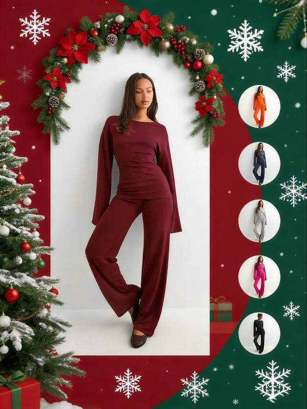 Women's New Fall Solid Fitted Round Neck Flare Sleeve Top & Elastic Waist Straight Leg Pants Set, Long Sleeve Casual Fashion for Daily Wear Outfit Suits