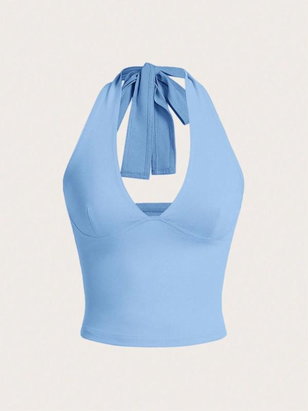 Women's Solid Knot Backless Halter Cropped Tank Top, Chic Casual Deep V Neck Sleeveless Short Top for Summer, Ladies Clothes for Daily Wear, Womenswear
