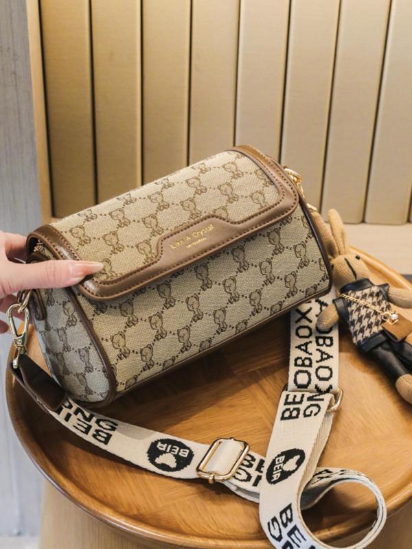 Women's Cartoon Print PU Crossbody Bag With Rabbit Charm, Fashionable Cartoon Bear Decor Boston Bag, Casual All-match Simple Design Crossbody Bag with Adjustable Strap & Bag Charm, Crossbody Purse