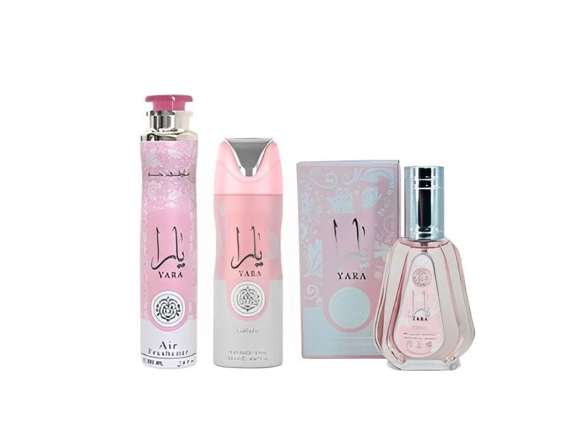 Yara Perfume 50ml (1.7oz) + Yara Deodorant 200ml (6.67oz) + Yara Air Freshener 300ml (10.0 oz) from Lattafa Perfumes
