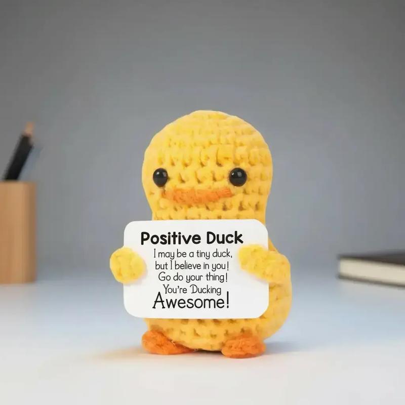 Cute Knitted Duck with Positive Card, Handmade Emotional Support Crochet Doll for Gift, DIY Knitting Supplies for Home Office Decor, Stuffed Animals, Cute Girly Gifts, Toy Plushies, Handmade Crochet Figure, Cute Duck Design, Soft Cuddly Gift