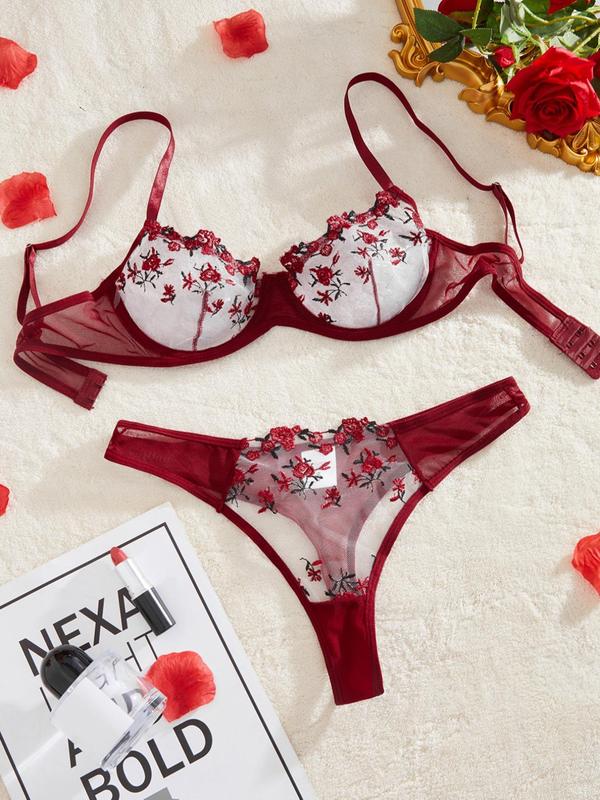 Women's Floral Embroidery Sheer Sexy Underwear Sets, Sexy Comfort Underwired Push Up Bra & Mesh Thongs, Summer Clothes 2024, Womenswear, Fallfreshness Two Piece Set Women, Fall Essentials