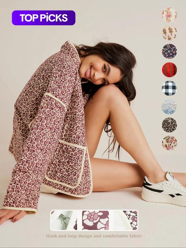 Women's Ditsy Floral Print Drop-Shoulder Woven Coat, Casual Long Sleeve Pocket Outerwear for Autumn & Winter, Ladies Clothes for Daily Wear, Womenswear Aesthetic