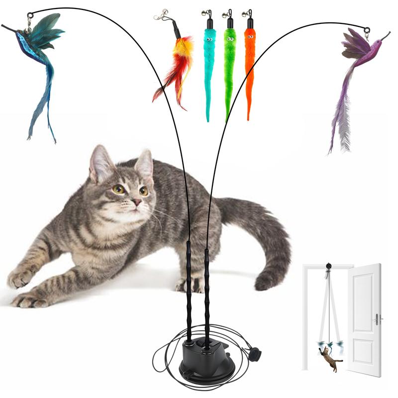 Interactive Cat Toy Set, 8 Counts/set Including 2 Cat Wands with Base and 6 Feather Replacement Heads with Bells, Fun Exercise Toys for Indoor Cats, Interactive Kitten Wand, Gift for Pets