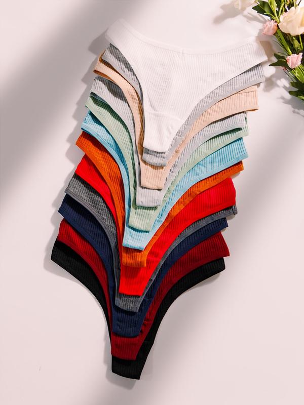 7/12/16 Pcs Women's Ribbed Thong Panties, Underwear, Drop Waist Plain Design, Fitted Casual Bottoms for All Seasons, Comfortable Everyday Wear