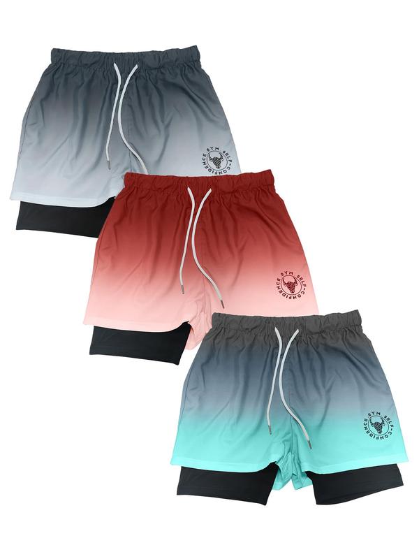 Men's 2 in 1 Ombre Letter Print Drawstring Waist Shorts, Casual Soft Comfy Regular Fit Straight Leg Shorts, Streetwear Summer Sports Shorts for Daily Outdoor Wear, Men's Bottoms for All Seasons