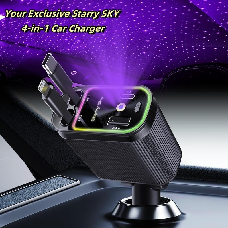 4-in-1 Car Roof Super Fast Retractable Car chargers Charger with Anti-Tangle Retractable Cables, Dual Charge Port，Starlight In Roof Fast Charging Adapter -Automotive  car charger charger  starlight led charger No aromatherapy Vehicle Led tiktokshopspringg