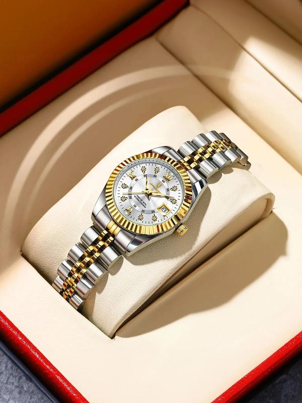 Women's Elegant Round Dial Analog Quartz Watch, Luminous Watch for Party, Daily Clothing Decor, Trendy All-match & Waterproof Watch for Birthday Gift with Box, Casual Trendy Wristwatch, Stainless Steel Watch, Fashionable Waterproof Wristwatch, Wristwatch