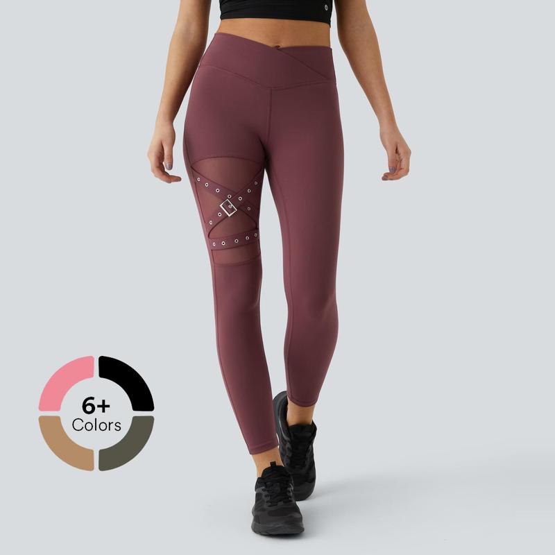 Halara SoftlyZero Eco High Waisted Crossover Contrast Mesh Adjustable Buckle Yoga 7/8 Leggings Gym Outfits