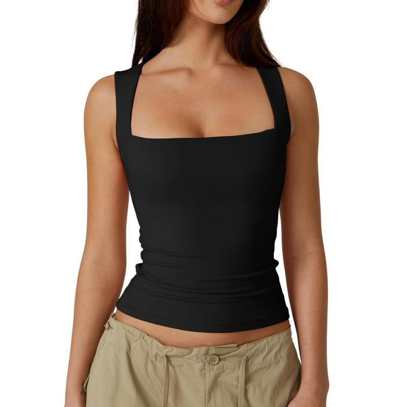 QINSEN Women's Square Neck Sleeveless Double-Layer Tank Tops Basic Tight T Shirts short