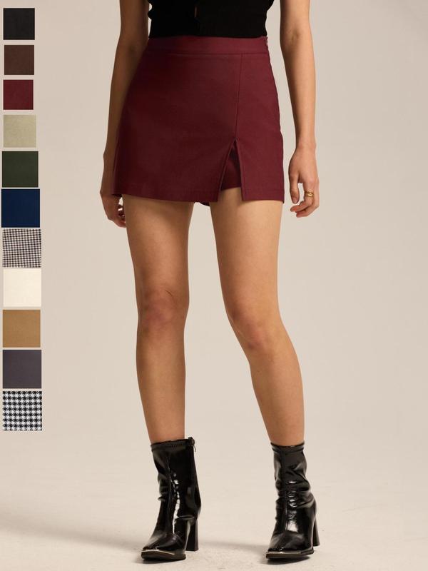 Women's Elegant Skort, High-Waisted Zipper Fly Split Design, Slim-Fitting Short Skirt, All-Season Commute Fashion, Elastic Waist