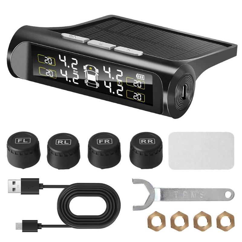 Solar-Powered Car Tire Pressure Monitoring Tool, LCD Digital Display Tire Pressure Gauge with Replacement Valves