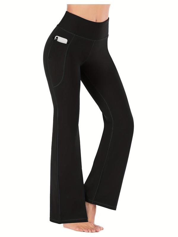 Women's Slim Tummy Control High Waist Pocket Flare Leg Pants, Casual Comfy High Stretch Seamless Sports Trousers, Stretchy Workout Leggings, for Yoga Workout Gym, Skinny Bottoms, Runs small, Order One Size Up, Side Pocket Leggings