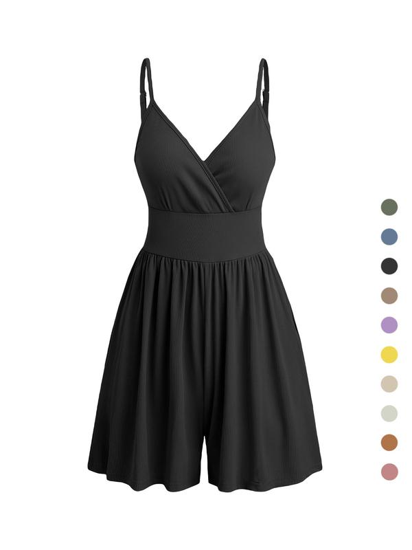 Women's Knitted Plain Backless Wrap Fitted Cami Romper, Casual Chic Adjustable Spaghetti Strap Wide Leg Romper, Summer Outfits 2024, Ladies Clothes for Daily Wear, Jumpsuit