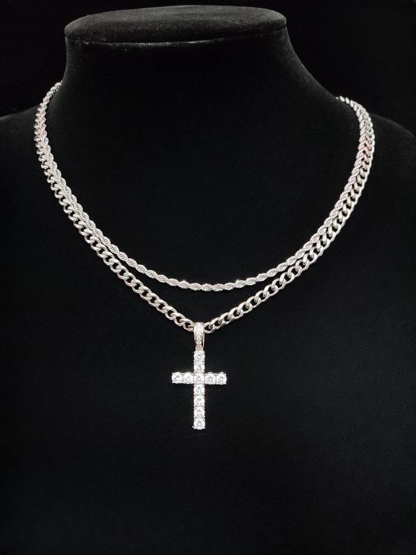Hip Hop Twist Chain Necklace & Rhinestone Cross Pendant Necklace for Daily Wear, Stainless Steel Jewelry for Men & Women, Classic Jewelry for Gift