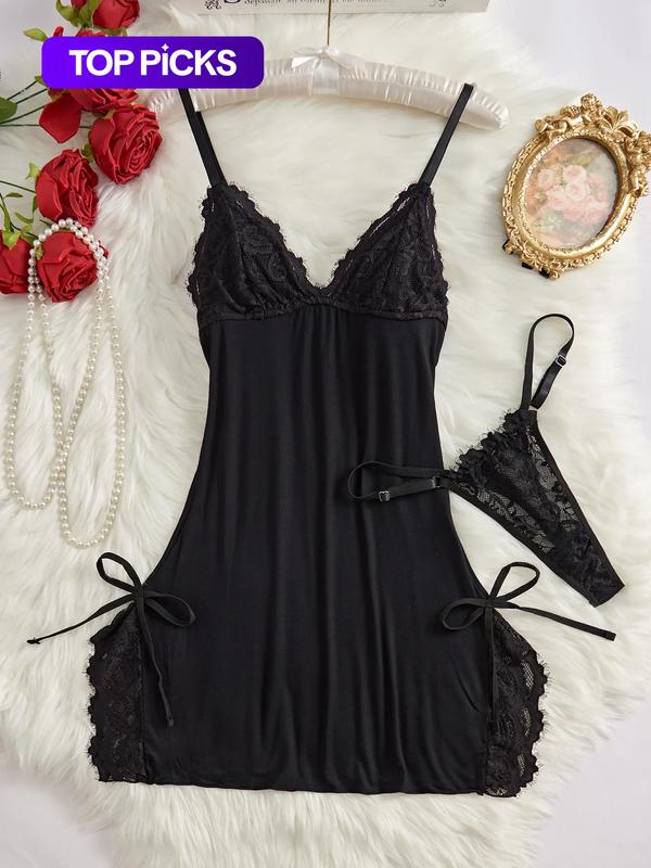 Women's Bow Decor Contrast Lace Cami Nightdress & Thong Set, Comfy Sexy Lingerie for All Seasons, Fashion Ladies Sleepwear & Homewear Loungewear