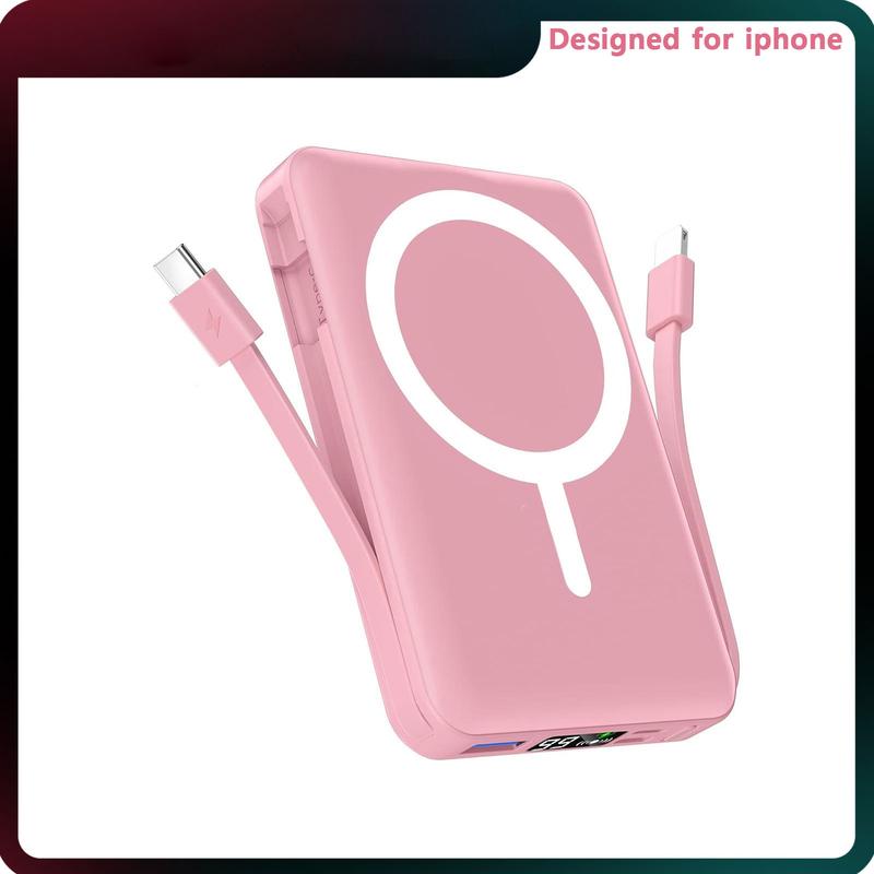 podoru 10000mAh Magnetic MagSafe Power Bank, Wireless Charger with LED Display, Dual USB-C & Lightning Cables, USB Output, Portable Mobile Device Accessories for iPhone 17/16/15/14/13/12 Series Smartphone Protection (Blush Pink Father’s Day Gift)