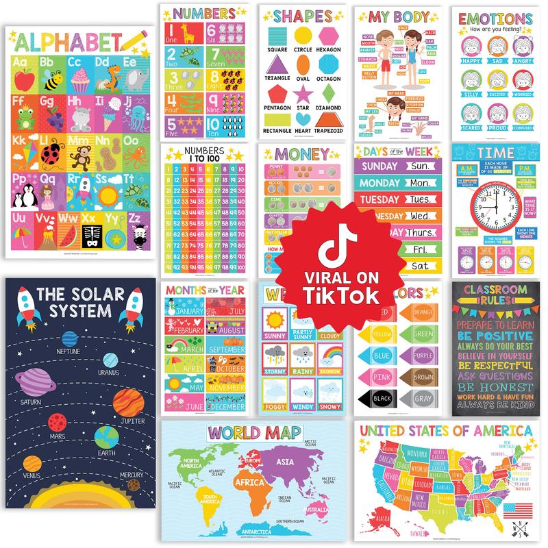 Hadley Designs Educational Posters Set of 16 for Preschool & Kindergarten Classroom - Laminated 11x17 Learning Charts, Alphabet Numbers Shapes