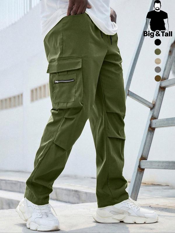 Men's Plus Size Plain Drawstring Waist Cargo Pants, Casual Pocket Design Trousers for Daily Wear, Streetwear Men's Bottoms for All Seasons