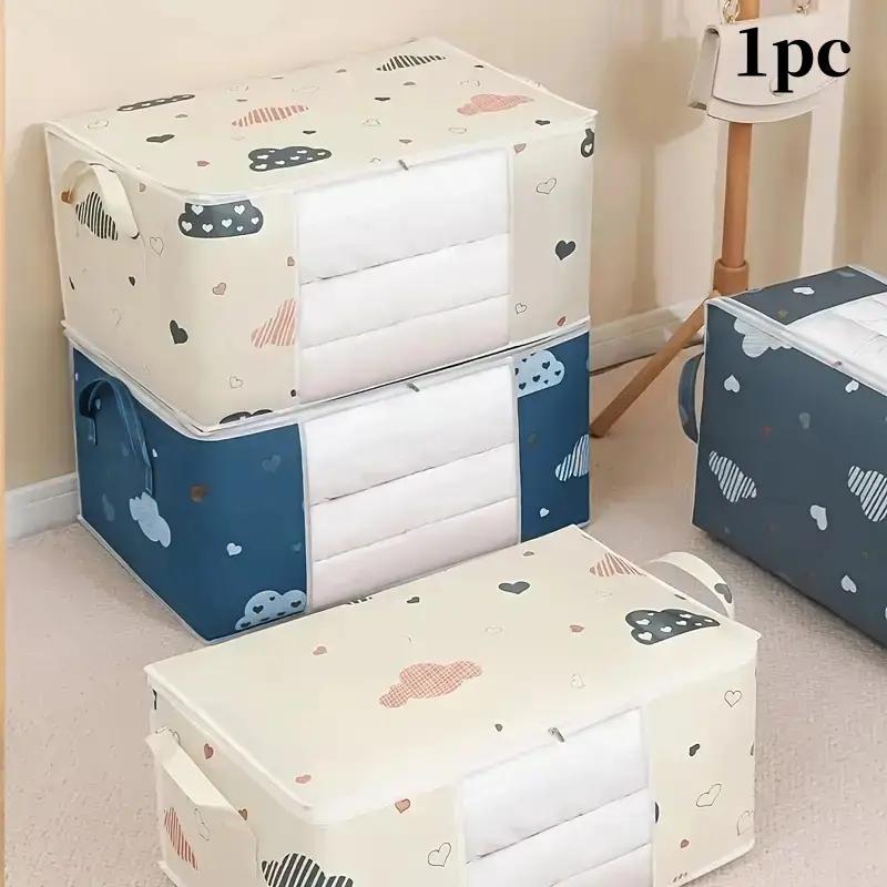 Summer Large Capacity Clothes Storage Bag, Zipper Cloud Pattern Bedding Storage Organiser Bag, Quilt Storage Organizer for Closet, Bedroom Accessories