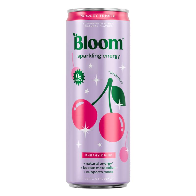 NEW - Bloom Sparkling Energy Drink - Shirley Temple - Natural Caffeine, Zero Sugar, 180mg Caffeine - Antioxidant-Rich with Green Coffee Bean, Green Tea Extract, Prebiotics, 12oz 12 Pack