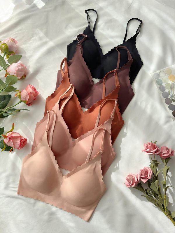 Women's Solid Scallop Trim Wireless Bra, Casual Comfortable Breathable Push Up Lingerie for Daily Wear, Women's Lingerie for All Seasons, National Day Offers