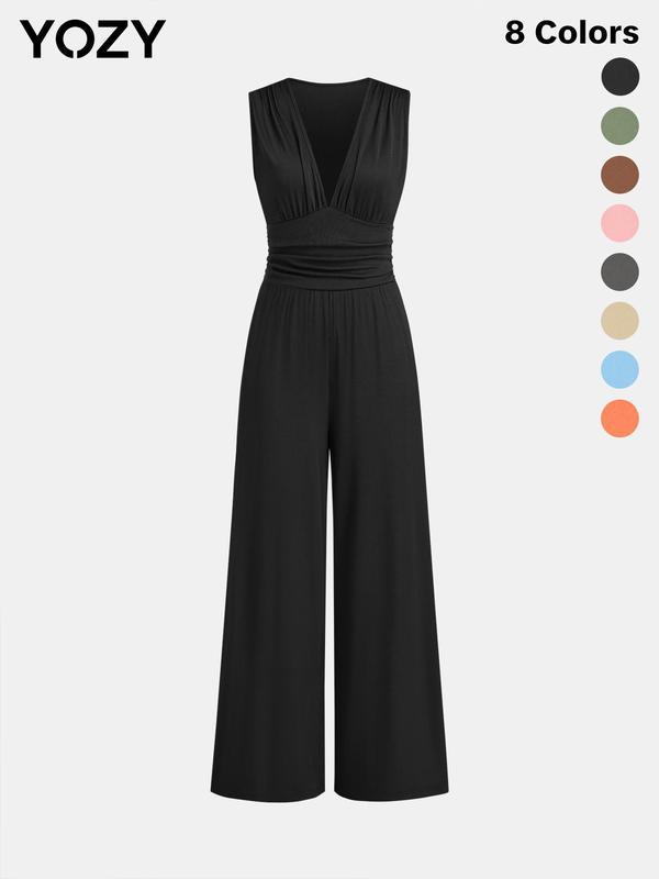 YOZY Deep V Neck Ruched Tank Jumpsuit, Sleeveless Wide Leg Jumpsuit, Women's Vacation & Holiday Wear, Fall & Winter Clothes, Valentine's Day Gift for Girl