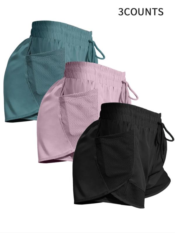 Women's Plain Pocket Drawstring Waist Sports Shorts, Gym Shorts, Sporty Quick-drying 2 in 1 Wrap Shorts, Women's Sportswear for Running Workout, Outdoor Sports Shorts, Athletic Wear Shorts, Summer Sports Shorts, Comfy Stretchy Shorts