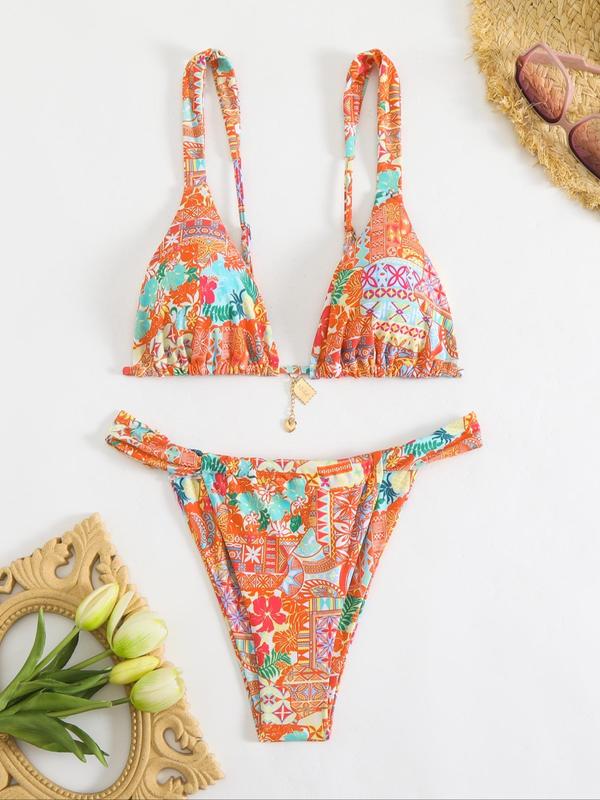 Women's Floral Bikini Set, Sexy Triangle Two-Piece Swimsuit, Spaghetti Strap Bikini, Sleeveless Party Style, All-Season Wear, Tie Back Design, Floral Print Bikinis, Summer Swimsuit Set, Triangle Top Bikini