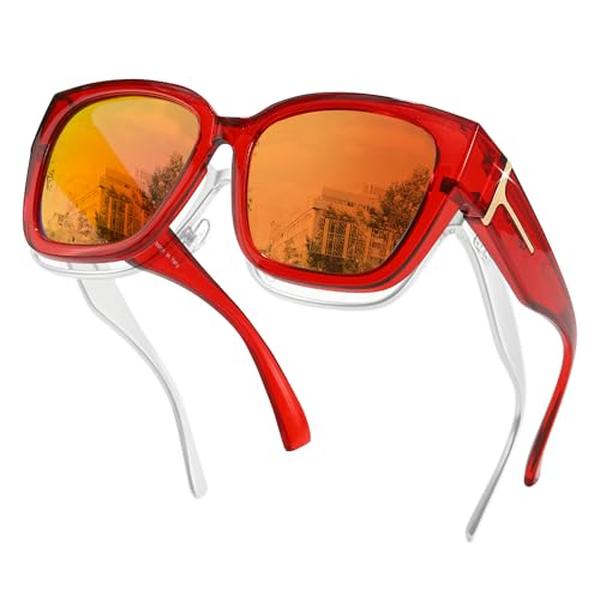 【FitOver Sunglasses】SIPHEW Mirrored Sunglasses Polarized Fit Over Glasses for Women Men for Driving - Trendy Large Square Oversized  UV400 Protection Sun Glasses