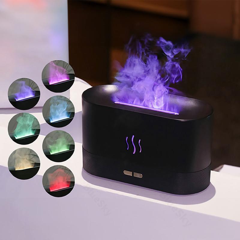 Portable Simulated Flame Air Aroma Diffuser, 7-Color Flame Noiseless Essential Oil Diffuser with Auto-Off Protection, Aromatherapy for Home, USB-Powered Desktop Room Humidifier and Fragrance Machine, Aromatherapy Diffusers