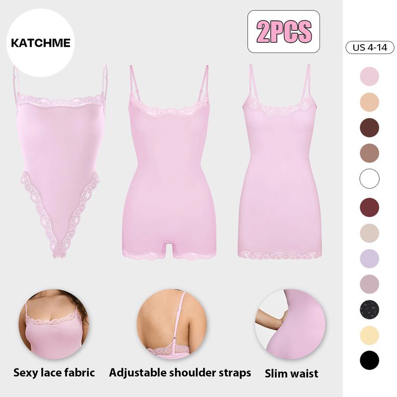 KatchMe Lace Series Women's Spaghetti Strap Lace Trim Breathable Quick-Drying Flexible Bodysuit, Chic Lightweight High Stretch Playsuit, Seamless Basic Skin-Friendly Nightdress